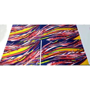 Badelycra Panel Federn blau-bunt (50x150cm). Hochelastischer Stoff mit auffälligem Feder-Design für Bademode & Kürkleider.