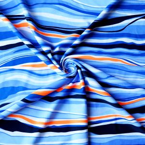 Bielastischer Streifen-Badelycra (200g/m²) kunstvoll drapiert: Weicher, blickdichter Stretch-Stoff in Blau-Orange für Sport, Kür und Bademode.