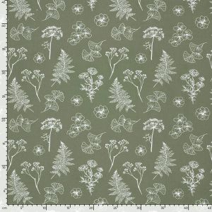 Baumwolle Popeline Stoff mit Massstab: Filigranes Pflanzenmuster mit Ginkgo und Farn auf Salbeigr&uuml;n. 145 cm breit und 115 g/m&sup2; schwer.