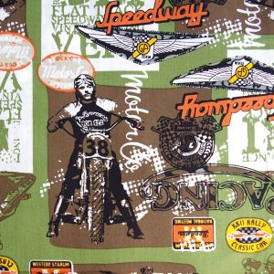 Baumwollstoff mit Biker & Motorrad in grün