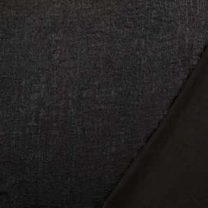 Glänzender schwarzer Metallic-Stoff, weich fallend, mit schimmernder Oberfläche und sichtbarer schwarzer Rückseite. Ideal für glamouröse Tops & Kleider.