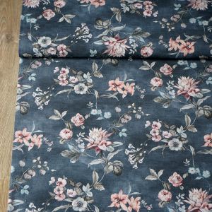 Canvas Dekostoff mit Blumen Grau: Farbenfrohe Baumwoll-Webware mit klassischem Blumenmuster in Blau und Pink f&uuml;r kreative Deko-Projekte.