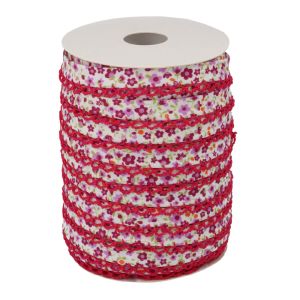 Schrägband mit Spitzenkante in erdbeerrot und Blumenmuster in  violett