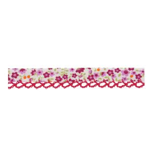 Schrägband mit Spitzenkante in erdbeerrot und Blumenmuster in  violett