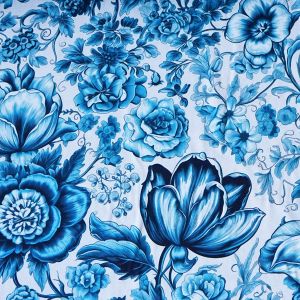 Weisser Ecovero Jersey mit grossen Aqua-Blumen (bis 14cm): Nachhaltige Lenzing Viskose, weich fliessend, bielastisch, Oeko-Tex 100, ideal f&uuml;r Damenkleider.