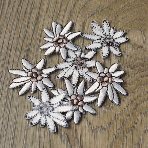 Mehrere Edelweiss Stick-Applikationen zum Aufb&uuml;geln (&Oslash; 3 cm) in Offwhite/Braun, locker arrangiert auf einem Holz-Hintergrund. Vorder- und R&uuml;ckseitenansichten.