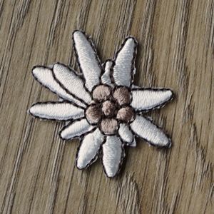 Eine einzelne Edelweiss Stick-Applikation (Aufb&uuml;gler) in Offwhite und Hellbraun mit dunkelgrauem Umriss, platziert auf einem Holz-Hintergrund. Durchmesser 3 cm.