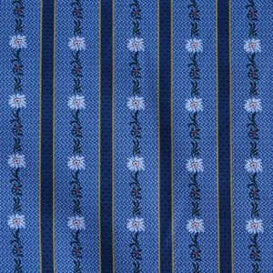 Ganze Ansicht des dunkelblauen Edelweiss Baumwollstoffs, der die Musterung mit alternierenden Streifen von Edelweiss- und Blattmotiven und den dunkleren Streifen zeigt.