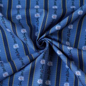 Nahaufnahme des bedruckten Edelweiss Baumwollstoffes in dunkelblau, mit dem feinen, gestreiften Edelweiss-Muster im Digitaldruck.