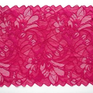Breites, elastisches Spitzenband in Fuchsia mit floralem Muster und gegengleichen Bogenkanten – perfekt für Dessous, Kleidung und kreative Projekte.
