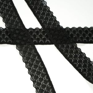 Schwarze Spitze mit Bogenkante, 33 mm breit, matt mit schimmernden Details, schuppenartiges Muster – weich, elastisch, ideal für Kleidung & DIY.