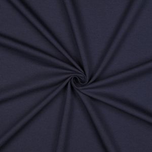 Dunkelblauer GOTS French Terry Bio-Stoff, weich, bielastisch. Nahaufnahme der glatten, mittelschweren Baumwoll-Oberfläche. 