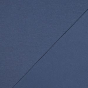 Jeansblauer GOTS Sommersweat: rechts glatte Oberfläche, links die typische ungefasste French Terry Schlingenstruktur, nicht angeraut. 