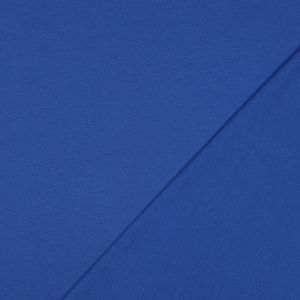 Kobaltblauer GOTS Sommersweat: rechts glatte Oberfläche, links die typische ungefasste French Terry Schlingenstruktur, nicht angeraut. 