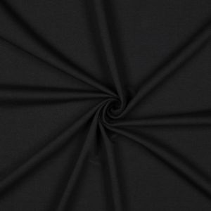 Schwarzer GOTS French Terry Bio-Stoff, weich, bielastisch. Nahaufnahme der glatten, mittelschweren Baumwoll-Oberfläche. 