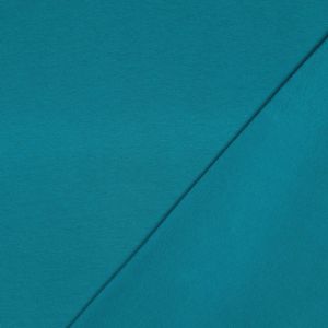 Türkisgrüner GOTS Sommersweat: rechts glatte Oberfläche, links die typische ungefasste French Terry Schlingenstruktur, nicht angeraut. 