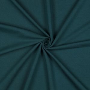 Waldgrüner GOTS French Terry Bio-Stoff, weich, bielastisch. Nahaufnahme der glatten, mittelschweren Baumwoll-Oberfläche. 