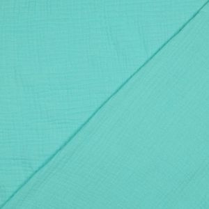 GOTS-Musselin Stoff aqua, 100% Baumwolle, garngef&auml;rbt, farbechte Qualit&auml;t f&uuml;r Bekleidung und Accessoires.