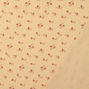 Detailansicht Jaquard Musselin hellbeige: Stoff mit floralem Digitaldruck und strukturierter R&uuml;ckseite, ideal f&uuml;r dekorative Krempels&auml;ume an Blusen und Hosen.