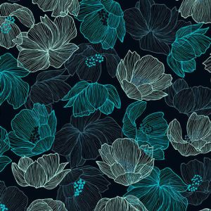Jersey Stoff Anemone Petrol auf dunkelblauem Grund. Florales Digitaldruck-Muster mit 6x5cm grossen Blumen. Ideal f&uuml;r weiche DIY-Damenmode & Kleider.
