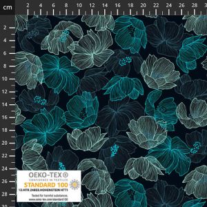Detailaufnahme Jersey Stoff Anemone Petrol mit Massstab. Oeko-Tex zertifizierter, bielastischer Single Jersey f&uuml;r T-Shirts & Leggings. Glatte, weiche Haptik.
