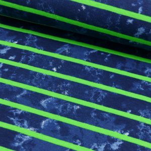 Blauer Jersey-Stoff mit neongrünen Streifen und Marmor-Effekt. Weicher Baumwolljersey, ideal für bequeme und stylische Mode.