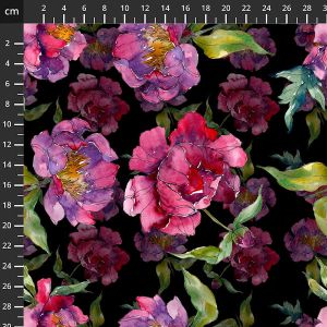 Schwarzer Blumen-Jersey mit Massstab: Elastische Meterware aus Baumwolle mit bis zu 10x8cm grossen Bl&uuml;tenk&ouml;pfen f&uuml;r T-Shirts, Leggings und Kleider.