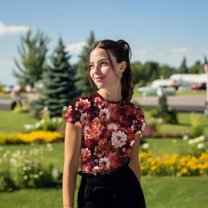 Tragebeispiel f&uuml;r den Jersey Stoff mit Blumen verarbeitet als sommerliches Damen-T-Shirt.