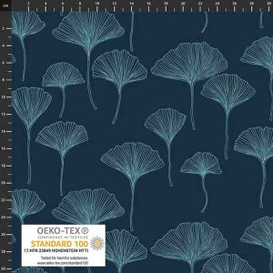 Jersey Stoff in petrol mit Ginkgoblatt-Motiven zum Damenbekleidung wie T-Shirts, Leider oder Leggings nähen