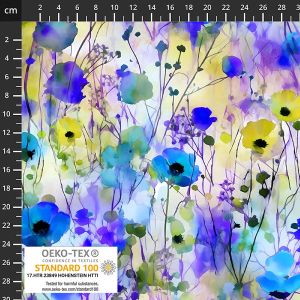 Jersey Stoff mit Mohnblumen in violett, blau, gelb und türkis für T-Shirts, Jerseykleider, Unterwäsche und Nachtwäsche