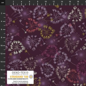 Auberginefarbener Jersey Stoff mit verspielten Pusteblumen in Gelb und Lila. Ideal für T-Shirts, Kleider und Leggings. Weicher Baumwoll-Elasthan-Mix.