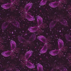 Nahaufnahme der filigranen violetten Schmetterlinge und Farbspritzer im Digitaldruck.