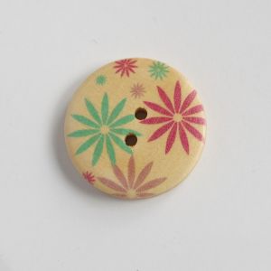 Knopf aus Holz mit sternförmigen Blumenmotiven in mint, lila und Flieder für Mäntel, Jacken, Taschen oder Deko - Durchmesser: 30mm