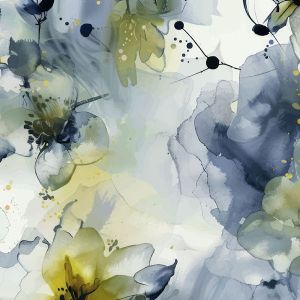 Zarter Modal-Jersey Stoff (Viskose) mit Aquarell-Blumen in Gelb und Grau: Fliessender Digitaldruck (210g/m&sup2;) f&uuml;r feminine Sommerkleider.