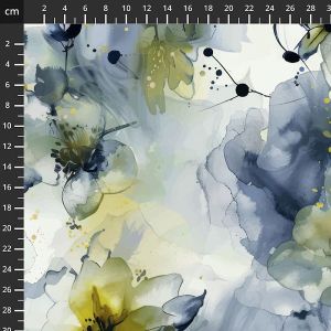 Floraler Viskose-Modal-Jersey mit Massstab: Schadstoffgepr&uuml;fte Meterware mit ca. 10cm grossen Wasserfarben-Blumen f&uuml;r T-Shirts und feine Damenmode.