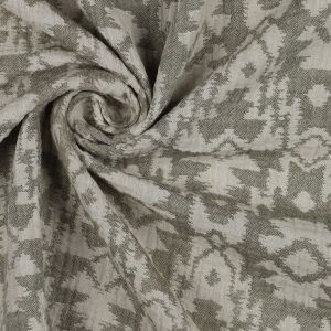 Musselin Stoff mit Aztek-Muster in Khakitönen. 100% Baumwolle Double Gauze. Ideal für atmungsaktive Sommerkleidung.