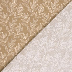 Musselin Stoff mit feinem Bl&auml;tter-Design: Ansicht der gemusterten Vorderseite in Dunkelbeige und der unbedruckten Stoff-Abseite f&uuml;r Damenkleidung.