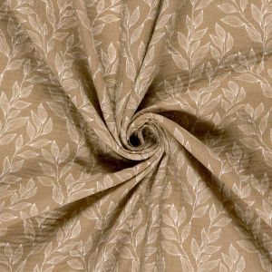 Double-Gauze-Musselin in Dunkelbeige kunstvoll drapiert: Luftige Baumwoll-Webware mit hellem Blatt-Muster im skandinavischen Stil f&uuml;r Damenmode.