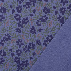 Detailansicht Jaquard Musselin: Blaue Webware mit Blumenmuster und strukturierter R&uuml;ckseite in Stepp-Optik, blickdicht und weich f&uuml;r Kleider und Hosen.