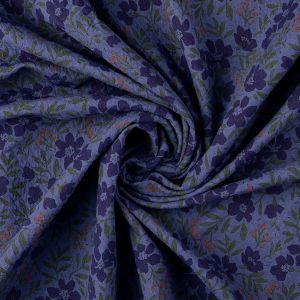 Blauer Musselin Jaquard Stoff mit floralem Digitaldruck in Lachs und Gr&uuml;n, garngef&auml;rbte Baumwolle in hochwertiger Stepp-Optik f&uuml;r Sommer und &Uuml;bergangszeit.
