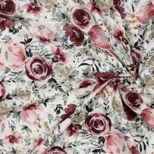 Musselin Stoff offwhite mit dunkelroten, rosa und graugrünen Blumen