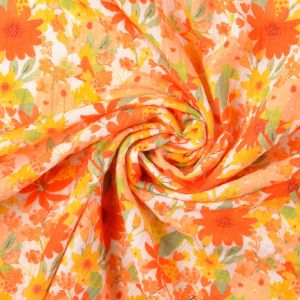 Weich fallender Musselin Stoff Blume orange/gelb mit floralem Digitaldruck, 100% Baumwolle Double Gauze f&uuml;r Sommerbekleidung.