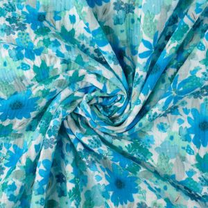Weich fallender Musselin Stoff Blume t&uuml;rkis/blau mit floralem Digitaldruck, 100% Baumwolle Double Gauze f&uuml;r Sommerbekleidung.