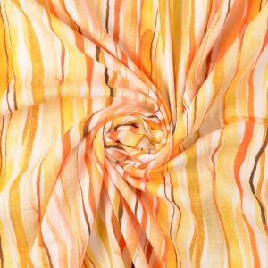 Luftiger Musselin Stoff orange & gelb gestreift auf Ecru, weich fallende Double Gauze Webware aus Baumwolle f&uuml;r Sommerprojekte.