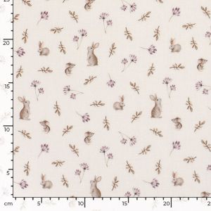Double Gauze Musselin Stoff Hase & Maus in Ecru/Taupe. Ideal für leichte Kinder- und Damenbekleidung im Sommer (Bluse, Kleid).