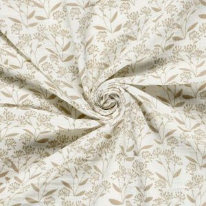 Weicher Musselin Stoff in Ivory mit sandfarbenen Doldenbl&uuml;ten im kreisf&ouml;rmigen Faltenwurf pr&auml;sentiert als Meterware auf Spitzentraum.ch.