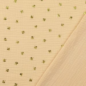 Musselin Stoff in naturecru mit glänzendem Kleeblatt Muster zum Bekleidung & Accessoires nähen