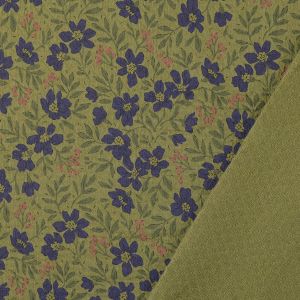 Detailansicht Jaquard Musselin: Olivgr&uuml;ne Webware mit Blumenmuster und strukturierter R&uuml;ckseite in Stepp-Optik, blickdicht und weich f&uuml;r Kleider und Hosen.