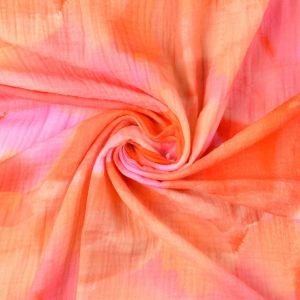 Drapierter Musselin Stoff orange & pink batik-optik, weich fliessende Double Gauze Baumwoll-Webware mit modernem Digitaldruck.
