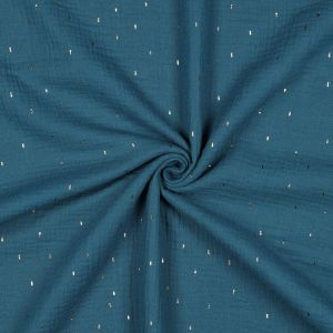 Musselin Stoff in petrol mit feinen, kurzen gold glänzenden Streifen für Bekleidung, Kleider, Hosen, Röcke